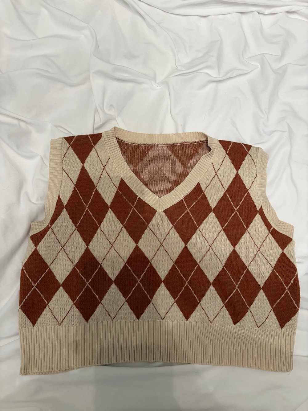 Cropped Argyle Sweater Vest Rust Cream V-Neck